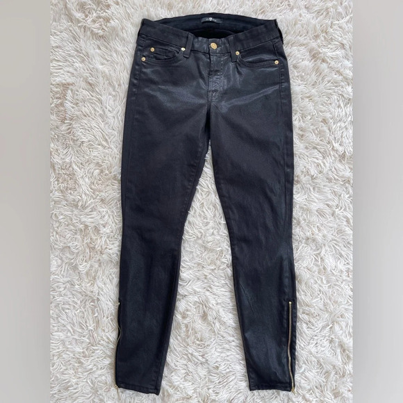 7 for all mankind cropped shimmering skinny jeans gold zip on the hem black 27 - Picture 1 of 11